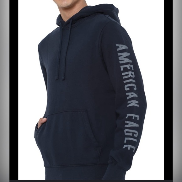 American Eagle Men’s Hooded Long Sleeve Logo Sleeve Navy Tee Shirt in Size Small - Picture 1 of 14